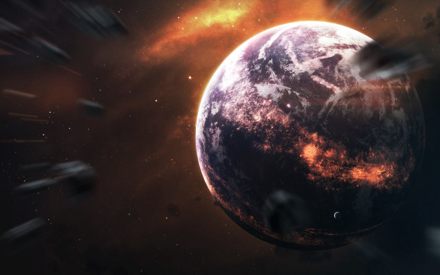 Space planet moon stars fireworks free wallpaper for desktop - medium preview image