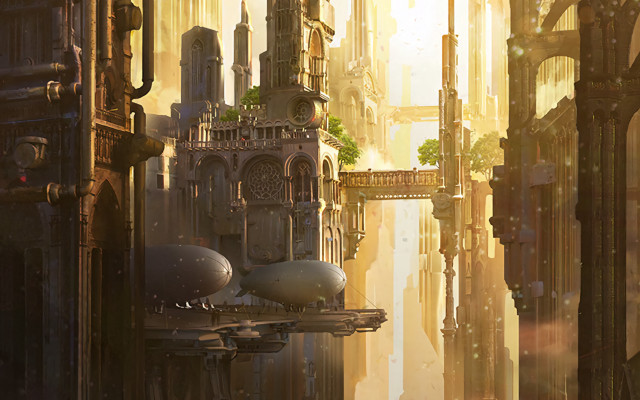 Futuristic city clock tower man free wallpaper for desktop - medium preview image