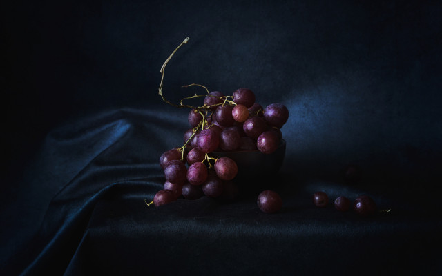 Grapes bowl tablecloth chiaroscuro stilllife free wallpaper for desktop - medium preview image