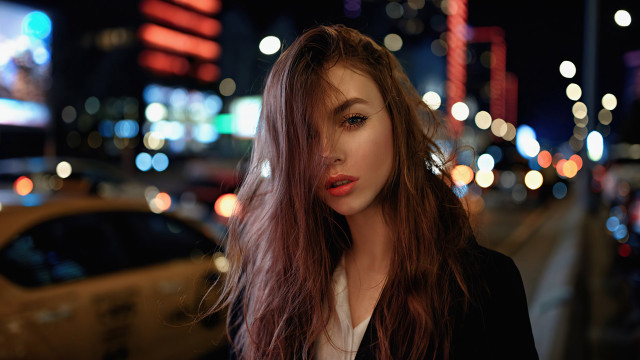 Woman longhair car night blurry free wallpaper for desktop - medium preview image