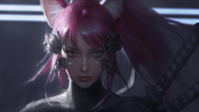 Pink hair cat ears cyberpunk free wallpaper for desktop - medium preview image
