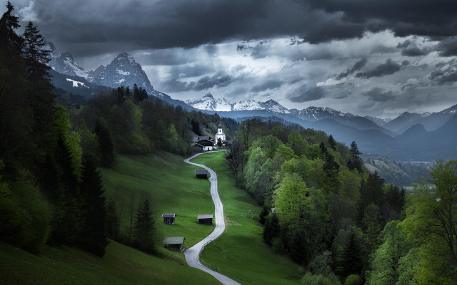 Winding road green valley church free wallpaper for desktop - medium preview image