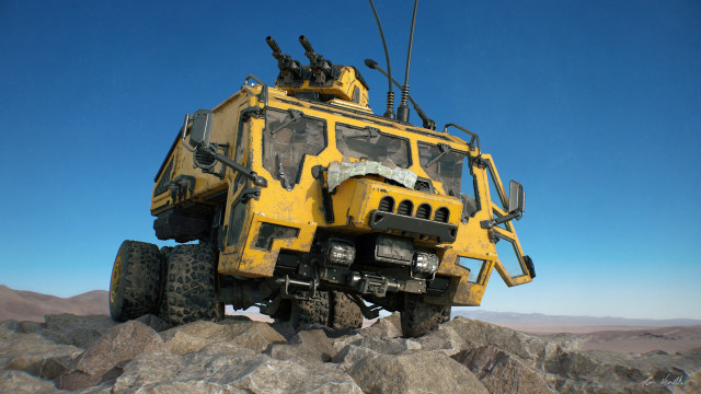 Yellow vehicle rocks desert blue free wallpaper for desktop - medium preview image