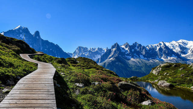 Wooden path mountain lake snowy free wallpaper for desktop - medium preview image