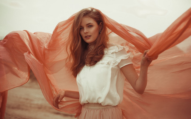 Woman pink scarf white shirt free wallpaper for desktop - medium preview image