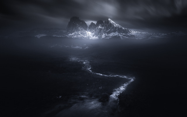 Mountain range stream dark sky free wallpaper for desktop - medium preview image