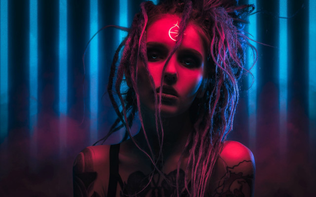 Woman dreadlocks neon light curtain free wallpaper for desktop - medium preview image