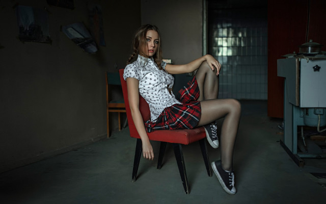 Woman white shirt red chair free wallpaper for desktop - medium preview image