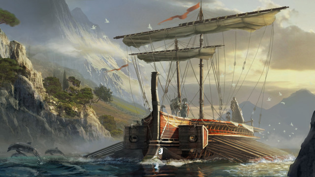 Ship ocean mountain birds fantasy free wallpaper for desktop - medium preview image