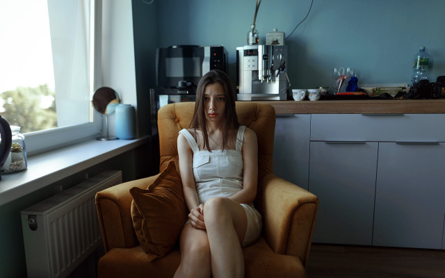 Woman sitting kitchen window coffee free wallpaper for desktop - medium preview image