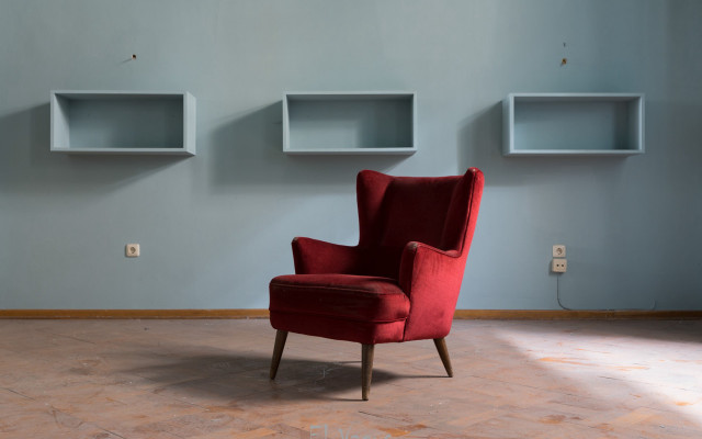 Red chair liminal space shelves free wallpaper for desktop - medium preview image
