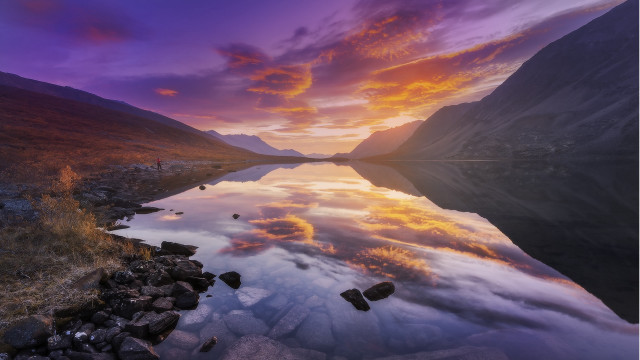 Lake mountain sunset clouds rocks free wallpaper for desktop - medium preview image