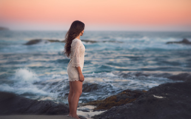 Beach woman sunset longhair art free wallpaper for desktop - medium preview image