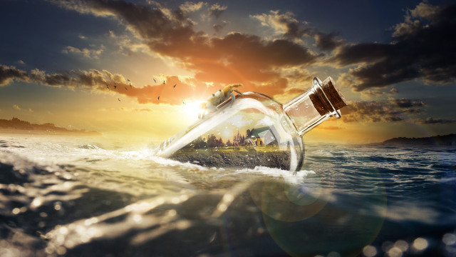 Floating bottle city sunset matte free wallpaper for desktop - medium preview image