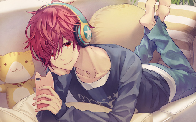 Man laying couch headphones teddy free wallpaper for desktop - medium preview image