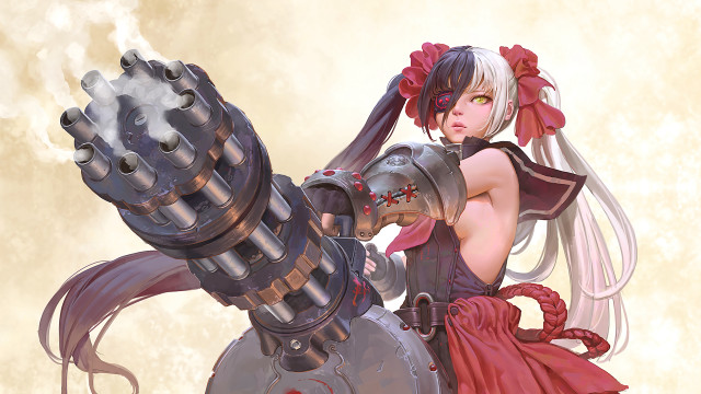 Woman red dress gun mechanical free wallpaper for desktop - medium preview image