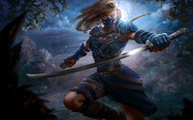 Woman blue dress sword forest free wallpaper for desktop - medium preview image