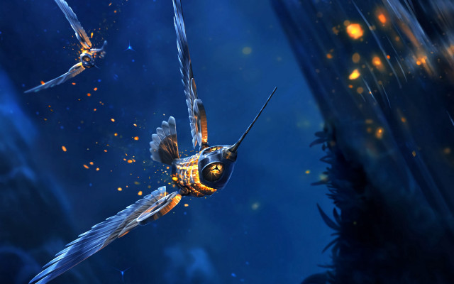 Bird flying forest fireflies night free wallpaper for desktop - medium preview image