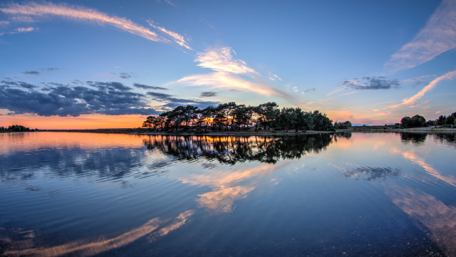 Lake sunset clouds trees bridge #2 free wallpaper for desktop - medium preview image
