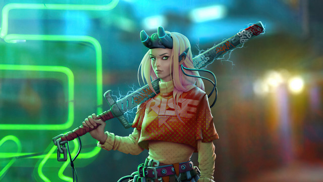 Woman gun neon background retrofuturism free wallpaper for desktop - medium preview image