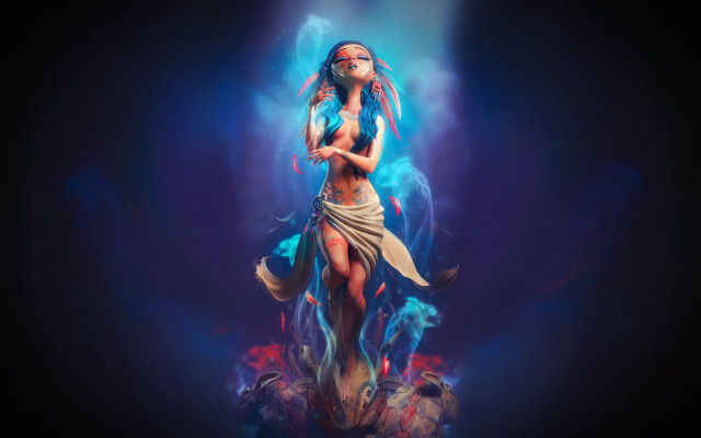 Woman sword demon blue background free wallpaper for desktop - medium preview image