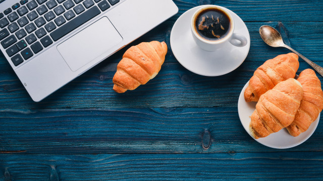 Croissants coffee laptop blue wood free wallpaper for desktop - medium preview image