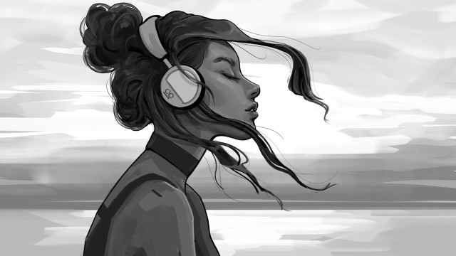 Woman headphones water clouds beach free wallpaper for desktop - medium preview image