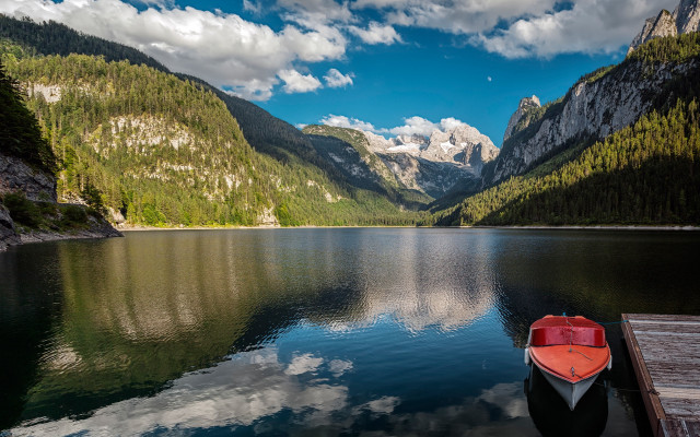 Lake mountains boat pier clouds free wallpaper for desktop - medium preview image
