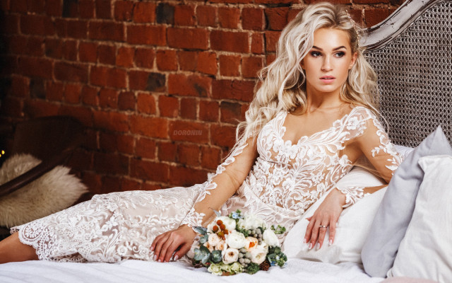 Woman white dress flower brick free wallpaper for desktop - medium preview image