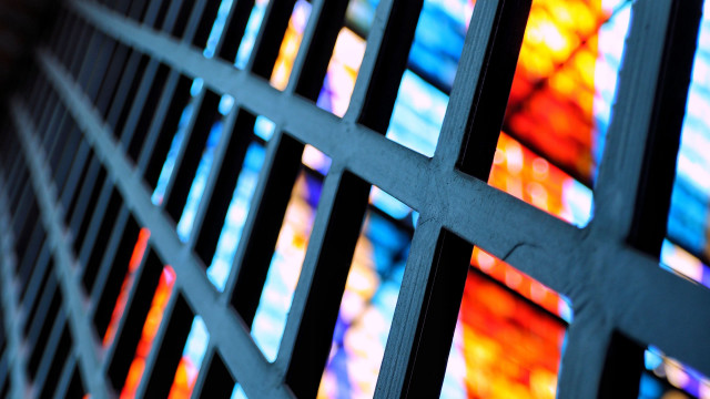 Stainedglass metalgrate gridwall mosaic sunset free wallpaper for desktop - medium preview image