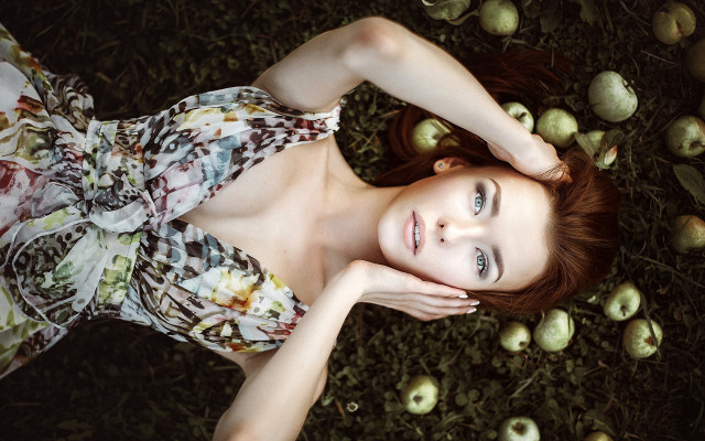 Woman apples grass field portrait free wallpaper for desktop - medium preview image