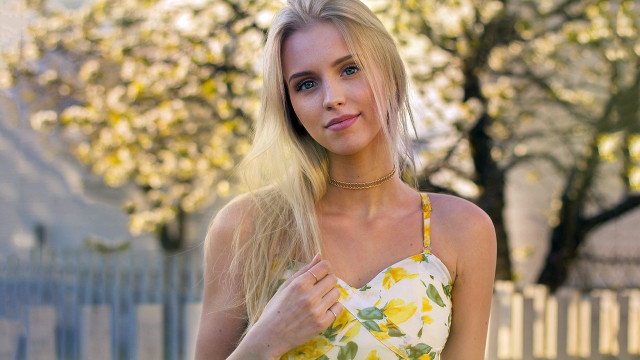 Woman yellow dress posing tree free wallpaper for desktop - medium preview image