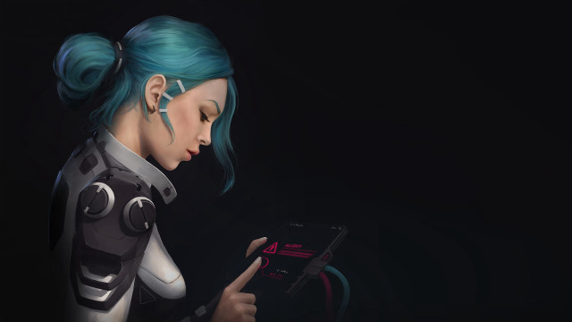 Futuristic suit woman aqua hair free wallpaper for desktop - medium preview image