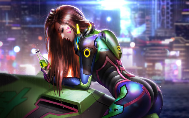 Futuristic suit woman city ledge free wallpaper for desktop - medium preview image