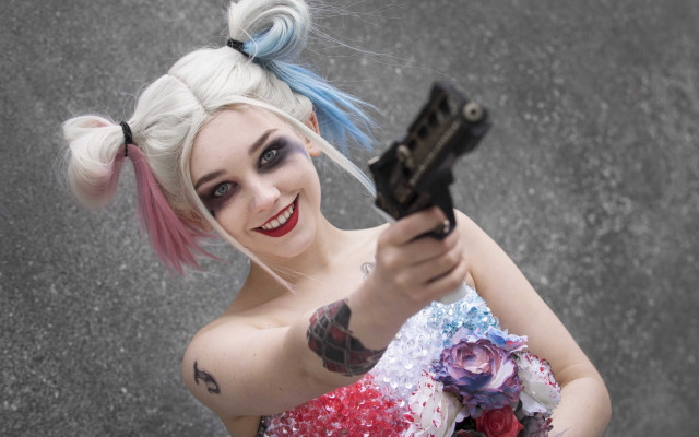Woman gun tattoo dress cosplay free wallpaper for desktop - medium preview image