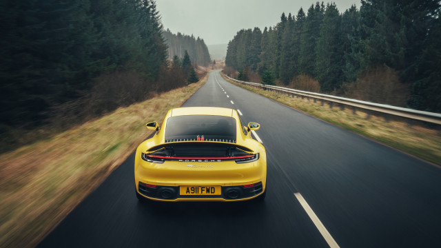 Yellow sports car forest road free wallpaper for desktop - medium preview image
