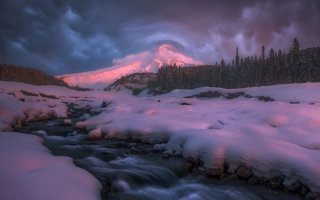 Mountain snow river cloudy sky free wallpaper for desktop - medium preview image