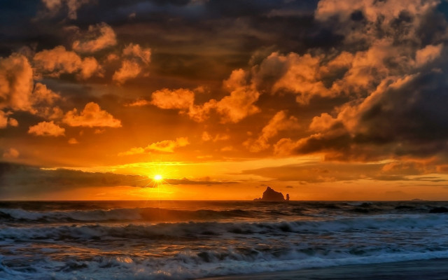 Sunset ocean boat clouds rock free wallpaper for desktop - medium preview image