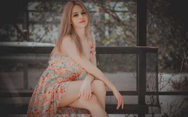 Woman dress park bench blonde free wallpaper for desktop - medium preview image