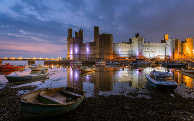Boats castle lake night medieval free wallpaper for desktop - medium preview image