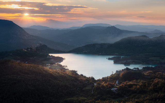 Sunset lake mountains trees town free wallpaper for desktop - medium preview image