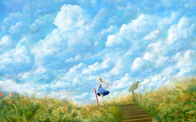 Woman stairs field blue sky free wallpaper for desktop - medium preview image