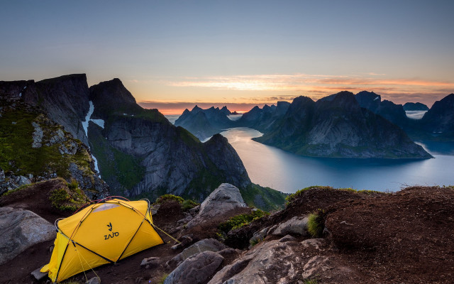 Yellow tent rocky hill sunset free wallpaper for desktop - medium preview image