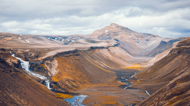 Mountain range river waterfall valley free wallpaper for desktop - medium preview image