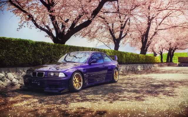 Purple car pink flowers 3d free wallpaper for desktop - medium preview image
