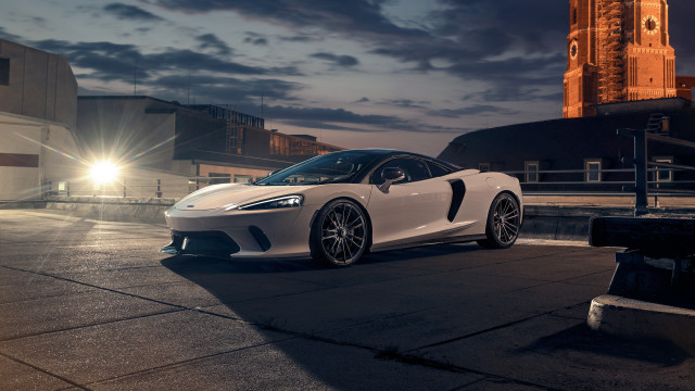 White sports car clocktower night free wallpaper for desktop - medium preview image