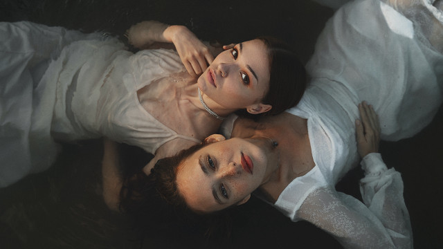 Two women white dresses gloves free wallpaper for desktop - medium preview image