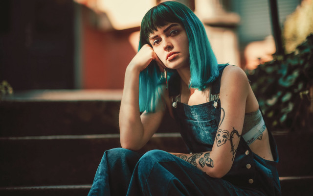 Green haired woman sitting grunge free wallpaper for desktop - medium preview image