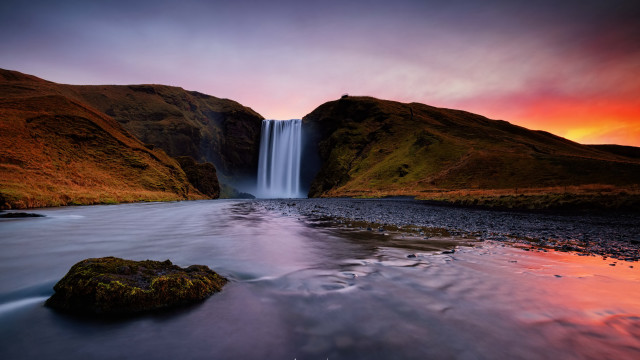 Waterfall red sky rock foreground free wallpaper for desktop - medium preview image
