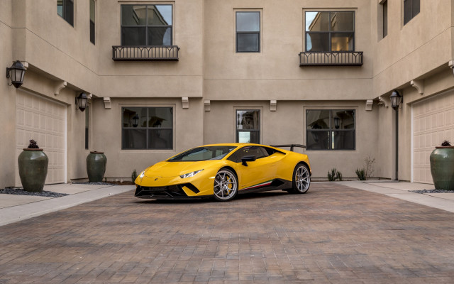 Yellow sports car building large free wallpaper for desktop - medium preview image